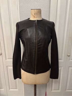 Vintage 90s Minimalist Chocolate Brown Leather Front Ribbed Sleeves Jacket Small